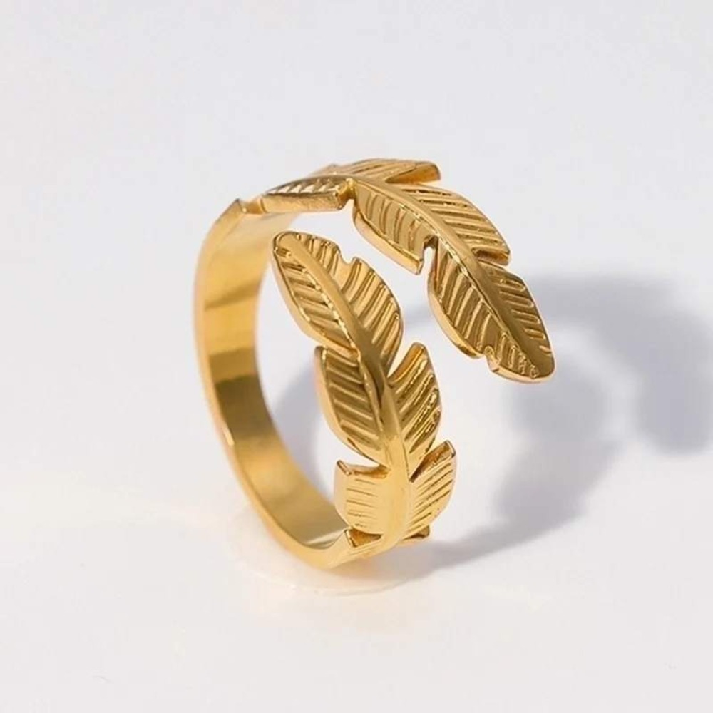 Gold Feather Ring Adjustable Open Band Gold Plated Stainless Steel